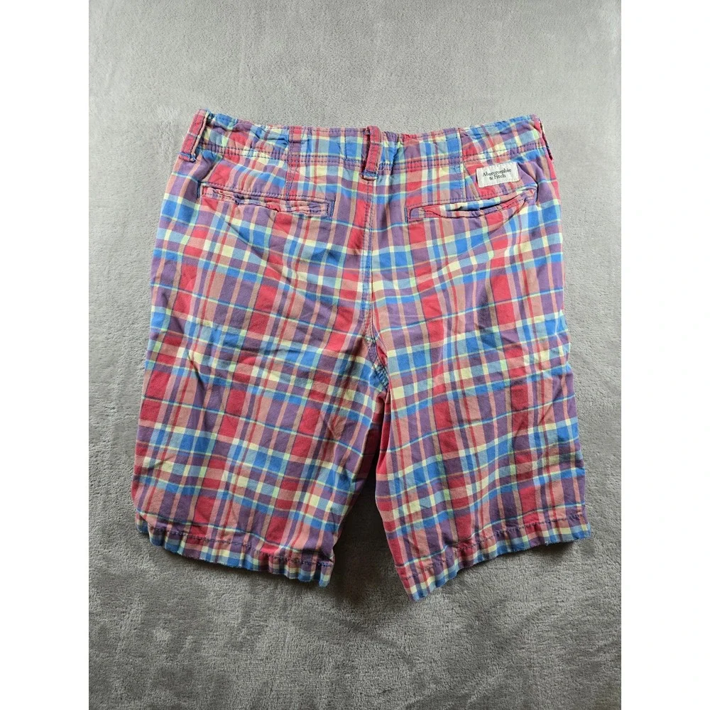 Abercrombie & Fitch Plaid Chino Shorts Mens 32 Red Blue Button Fly 10